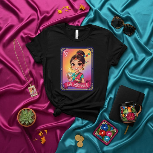 LA NEPALÍ Loteria Card Unisex T-Shirt - Nepali Woman Tea Lover Design, Traditional Mexican Game Style, Unique Cultural Graphic Tee Gift Idea Mexicada