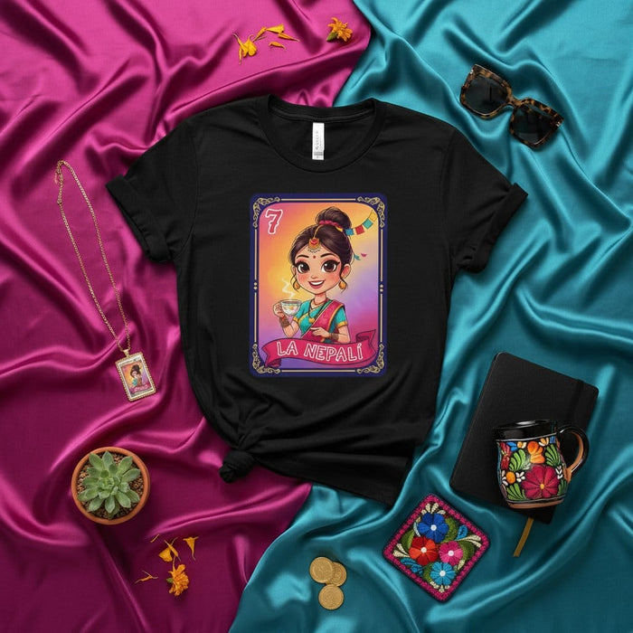 LA NEPALÍ Loteria Card Unisex T-Shirt - Nepali Woman Tea Lover Design, Traditional Mexican Game Style, Unique Cultural Graphic Tee Gift Idea Mexicada