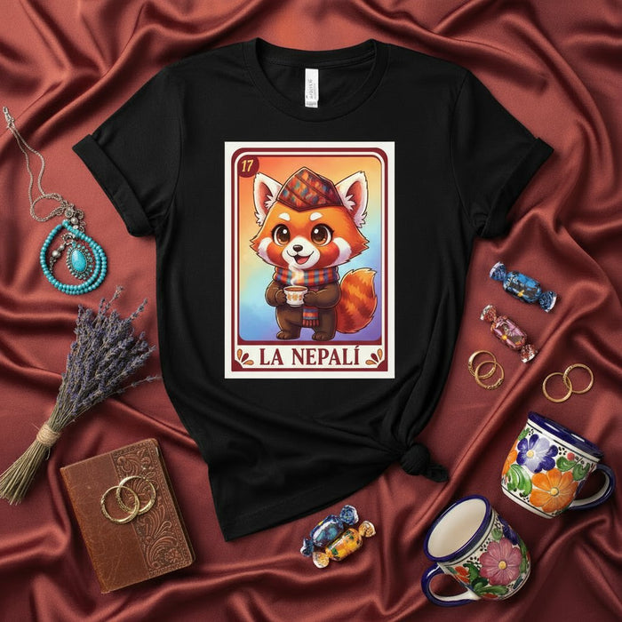 LA NEPALÍ Red Panda Loteria Card T-Shirt Cute Cartoon Animal Nepalese Hat Scarf Coffee Cup Tee Black Unisex Graphic Shirt Mexicada
