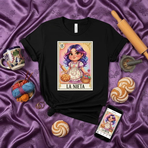 LA NIETA Cute Baker Girl Loteria Card T-Shirt, Unisex Baking Grandma Granddaughter Gift Tee, Colorful Mexican Game Art Graphic Shirt, Number 13 Mexicada