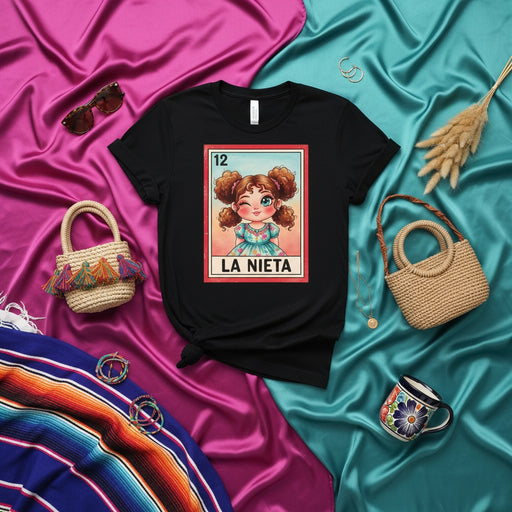 LA NIETA Cute Cartoon Granddaughter Loteria Card T-Shirt, Mexican Bingo Game The Granddaughter Tee, Spanish Heritage Graphic Shirt, Number 12 Wink Design Mexicada