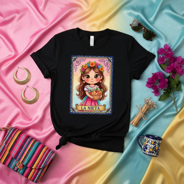LA NIETA Cute Granddaughter Lotería Card T-Shirt, Mexican Bingo Game Inspired Tee, Floral Crown Girl Design, Unisex Graphic Shirt Gift Mexicada