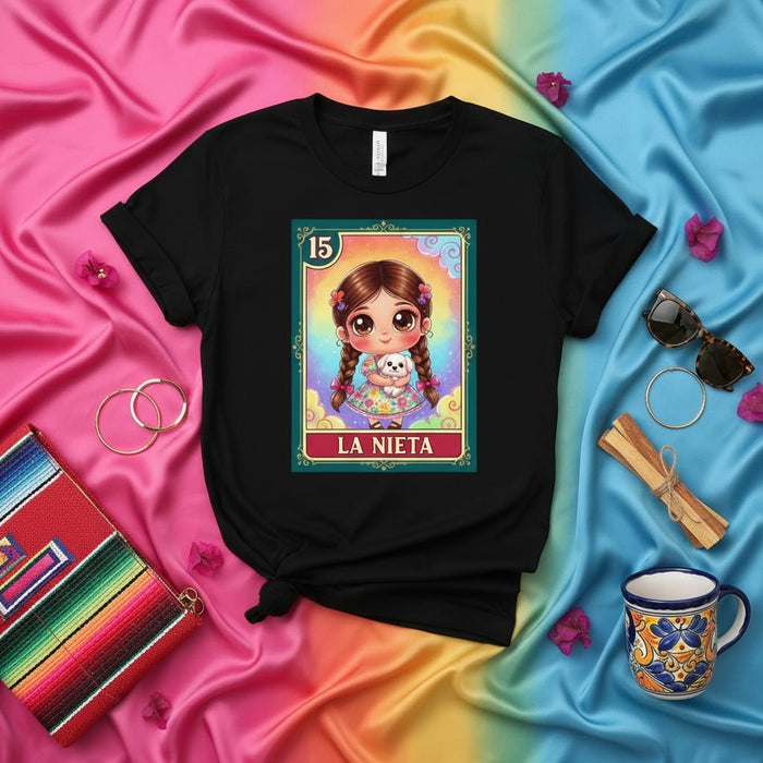 La Nieta Cute Little Girl with Puppy Loteria Card Tee, Granddaughter Latina Heritage Graphic T-Shirt, Kawaii Mexican Bingo Style Gift for Women Men Mexicada