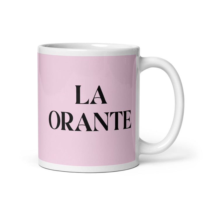 La Orante The Prayerful Funny Home Office Work Coffee Mug Mexican Spanish Pride Gift White Glossy Cup Light Pink Card Mug Mexicada 11 oz