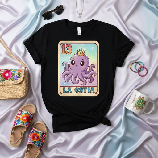 LA OSTIA Cute Octopus Crown Loteria Card T-Shirt, Unisex Funny Mexican Bingo Game Design Tee, Pastel Rainbow Kawaii Sea Animal Shirt Mexicada