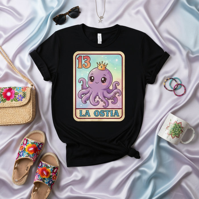 LA OSTIA Cute Octopus Crown Loteria Card T-Shirt, Unisex Funny Mexican Bingo Game Design Tee, Pastel Rainbow Kawaii Sea Animal Shirt Mexicada