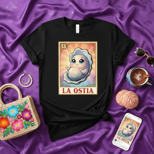 LA OSTIA Cute Oyster Loteria Card T-Shirt | Kawaii Sea Shell Ocean Lover Graphic Tee | Unisex Mexican Bingo Style Shirt Gift Mexicada