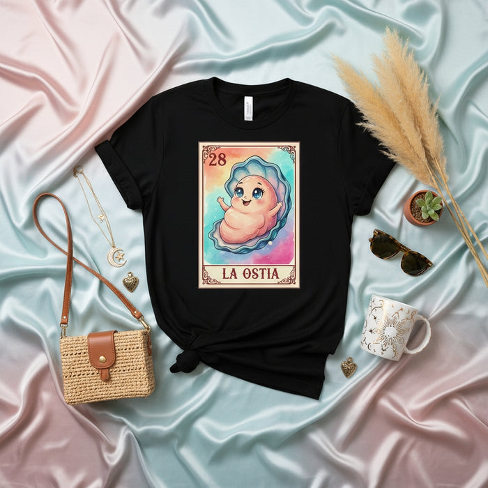 LA OSTIA Cute Oyster Shell Loteria Card Unisex T-Shirt, Mexican Bingo Game Inspired Graphic Tee, Number 28 La Ostia Spanish Phrase Design Shirt Mexicada