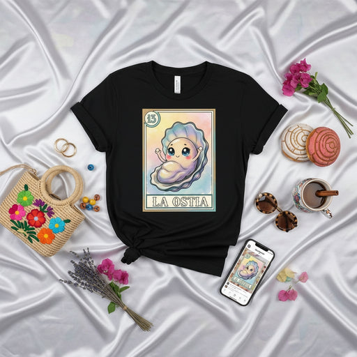 LA OSTIA Cute Oyster Shell Loteria Card Unisex T-Shirt, Mexican Bingo Game Inspired Kawaii Sea Creature Graphic Tee, Funny Seafood Lover Gift Shirt Mexicada
