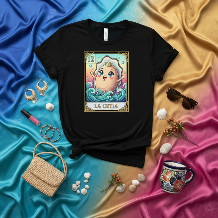 LA OSTIA Funny Oyster Shell Potato Loteria Card T-Shirt Unisex Graphic Tee Cute Cartoon Sea Pun Shirt Gift for Seafood Lovers Mexican Bingo Art Design Mexicada