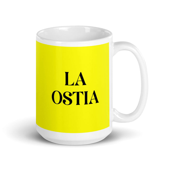 La Ostia The Surprised One Funny Home Office Work Coffee Mug Mexican Spanish Pride Gift White Glossy Cup Yellow Card Mug Mexicada 15 oz