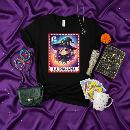 LA PAGANA Cute Chibi Witch Tarot Card Loteria Shirt, Halloween Pagan Wiccan Goth Occult Mystical Gift T-Shirt, Unisex Graphic Tee for Women and Men Mexicada