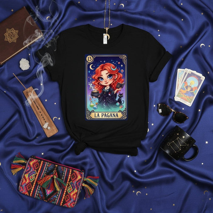 LA PAGANA La Bruja Loteria Card T-Shirt Pagan Witch Black Cat Mystical Tarot Graphic Tee Unisex Crew Neck Shirt Number 13 Magic Theme Mexicada