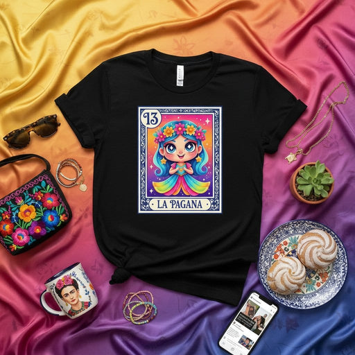 LA PAGANA Loteria Card T-Shirt Cute Rainbow Girl Cartoon Tee Mexican Bingo Style Shirt Number 13 Fiesta Gift Mexicada