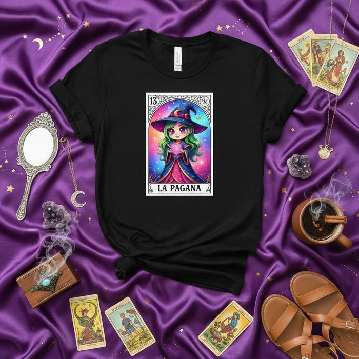 LA PAGANA Witch Loteria Card Shirt Spooky Cute Cartoon Goth Pagan T-Shirt Tarot Aesthetic Celestial Magic Halloween Tee Unisex Gift Mexicada