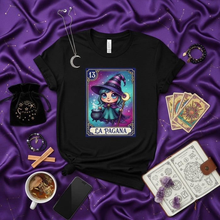 La Pagana Witchy Lotería Card 13 T-Shirt, Cute Pagan Sorceress Tarot Style Graphic Tee, Celestial Aesthetic Occult Mystical Unisex Shirt Mexicada
