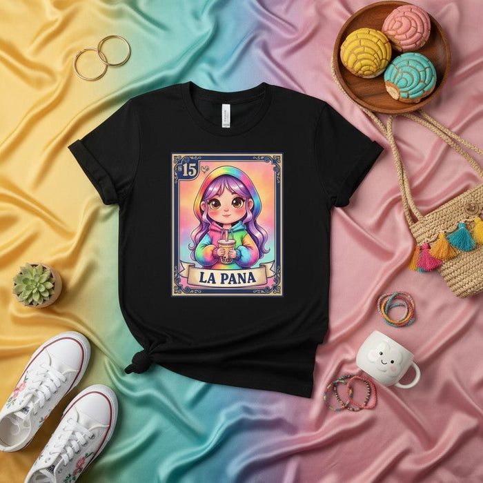LA PAÑA Cute Anime Girl Bubble Tea Rainbow Hoodie Loteria Card T-Shirt Unisex Graphic Tee Mexican Bingo Art Print Mexicada