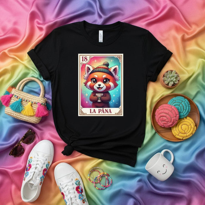LA PANA Cute Red Panda Loteria Card T-Shirt, Unisex Graphic Tee, Kawaii Animal Art Print Shirt, Mexican Bingo Game Inspired Apparel, Gift for Panda Lovers, Rainbow Backdrop Clothing, Number 18 Card Design Mexicada