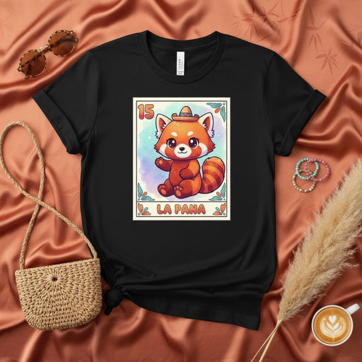 LA PANA Cute Red Panda Loteria Card T-Shirt, Unisex Graphic Tee, Number 15 Mexican Bingo Game Art, Kawaii Animal Mascot Shirt Gift Idea for Women and Men Mexicada