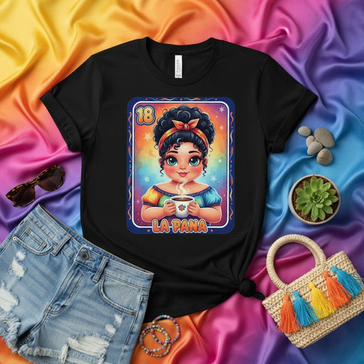 LA PANA Loteria Card T-Shirt Cute Afro Curly Hair Girl Drinking Coffee/Cocoa Rainbow Background Vintage Aesthetic Graphic Tee Unisex Birthday Gift Idea for Her Mexicada