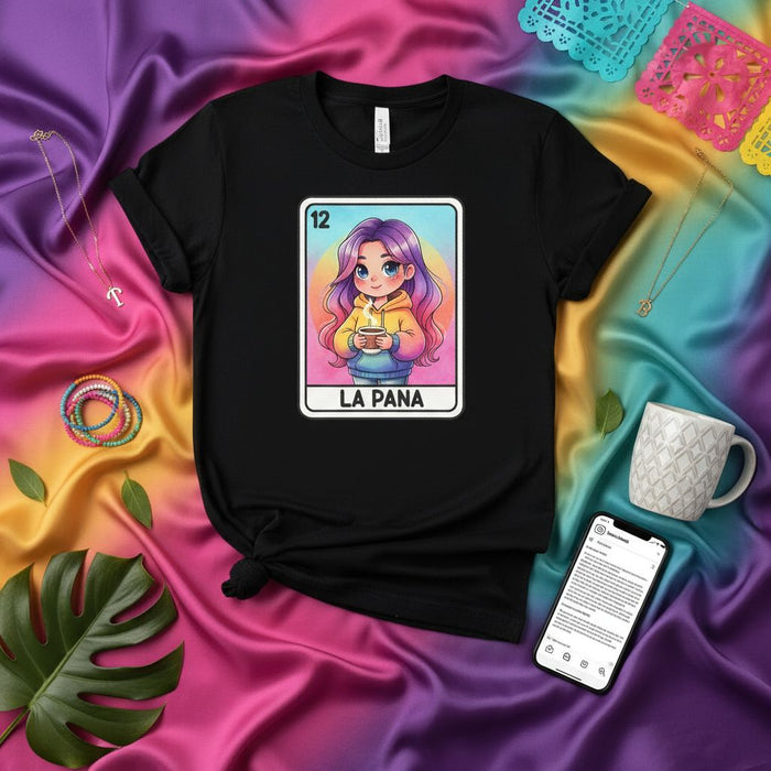 LA PANA Lotería Card T-Shirt, Cute Anime Girl Holding Coffee, Aesthetic Chibi Graphic Tee, Unisex Mexican Bingo Inspired Streetwear Shirt, Number 12 Design for Kawaii Lovers Mexicada