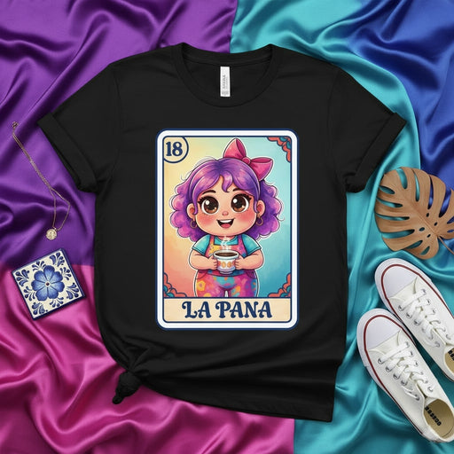 LA PANA Loteria Card T-Shirt, Cute Cartoon Girl with Purple Hair Graphic Tee, Number 18 Mexican Bingo Style Art Print, Unisex Short Sleeve Shirt Mexicada