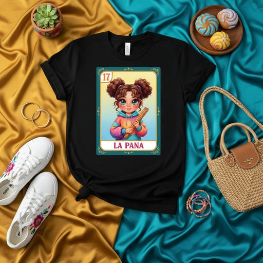 LA PAÑA Loteria Card T-Shirt Cute Curly Haired Girl with Pan Dulce Mexican Bingo Game Art Graphic Tee Unisex Adult Shirt Gift Idea Mexicada