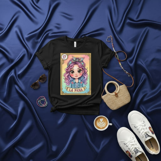 LA PANA Loteria Card T-Shirt Cute Pastel Rainbow Haired Girl Graphic Tee Casual Unisex Black Shirt Mexicada