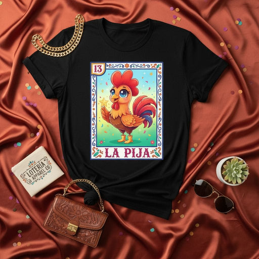 LA PIJA Cute Cartoon Rooster Loteria Card Number 13 Unisex Graphic T-Shirt, Fun Mexican Bingo Game Apparel, Colorful Kawaii Art Tee, Traditional Culture Gift for Men and Women, Novelty Fiesta Outfit Shirt Mexicada