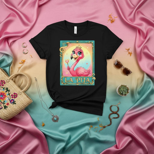 LA PIJA Flamingo La Loteria Card T-Shirt Cute Pink Bird Crown Heart Magic Wand Number 17 Hispanic Mexican Bingo Game Day Unisex Tee Shirt Mexicada