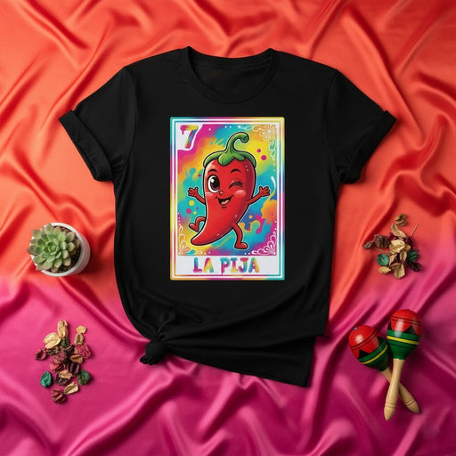 LA PIJA Funny Mexican Loteria Card T-Shirt with Cute Winking Chili Pepper Graphic, Vibrant Fiesta Design, Unisex Adult Tee Gift Mexicada