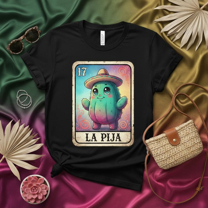 LA PIJA Kawaii Cactus Loteria Card T-Shirt, Cute Mexican Bingo Game Saguaro with Sombrero Tee, Funny Number 17 Hispanic Culture Unisex Shirt Mexicada