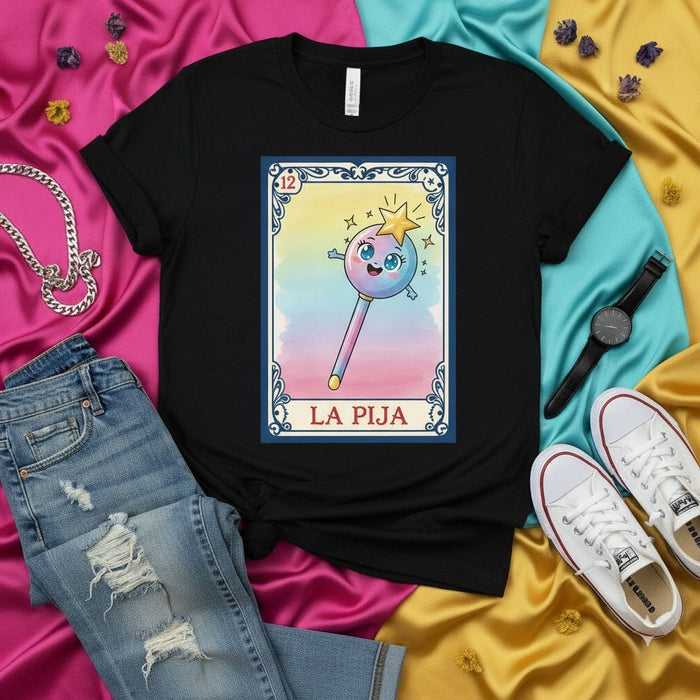 LA PIJA Kawaii Star Wand Loteria Card T-Shirt Unisex Mexican Bingo Style Graphic Tee Magical Cute Cartoon Design Gift Mexicada