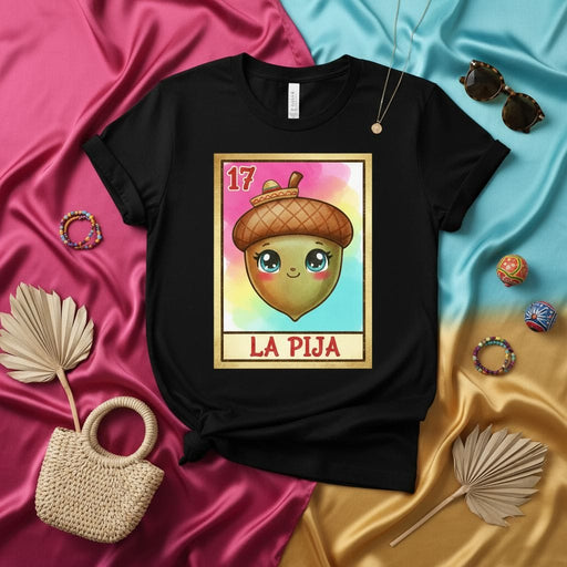 LA PIJA Loteria Card Acorn T-Shirt, Cute Cartoon Kawaii Style Mexican Bingo Game Unisex Shirt, Number 17 El Acorn Mexicada