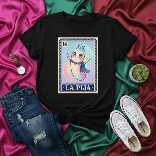 LA PIJA Loteria Card T-Shirt, Cute Cartoon Character, Funny Mexican Bingo Game Design, Unisex Graphic Tee, Unique Kawaii Style Shirt, Gift for La Pija Fans Mexicada