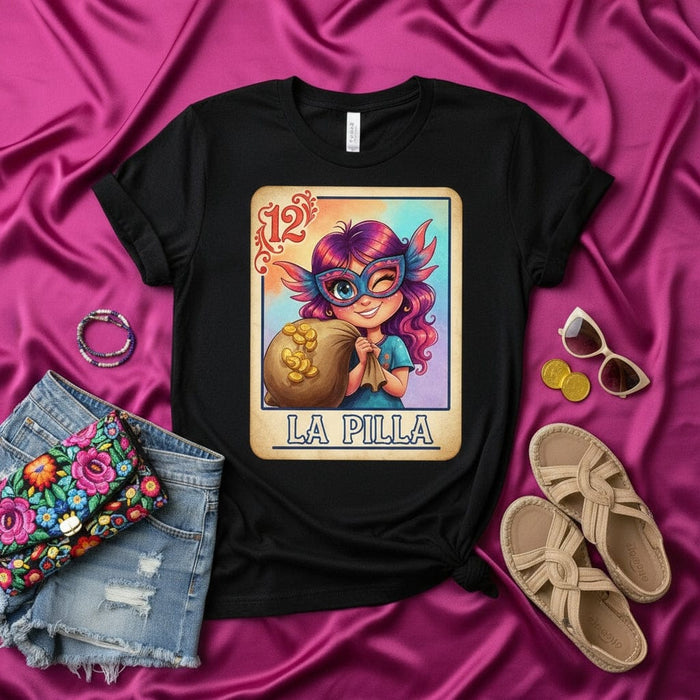 LA PILLA Cute Cartoon La Loteria Card 12 T-Shirt, Winking Girl with Bag of Gold Coins, Mexican Bingo Game Inspired Graphic Tee, Number 12 Winker Villain Thief Design Top Mexicada