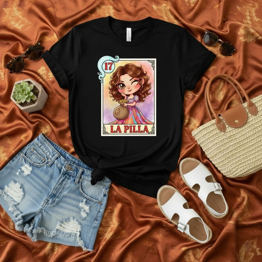 LA PILLA Cute Chibi Girl with Money Bag Loteria Card 17 T-Shirt, Mexican Bingo Game Shirt, Latina Gift, Funny Cinco de Mayo Graphic Tee, Women's and Men's Unisex Apparel Mexicada