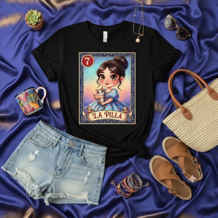 LA PILLA Cute Girl with Kitten La Loteria Card Graphic Tee Unisex Black T-Shirt Mexican Bingo Game Inspired Art Design Gift Idea Mexicada