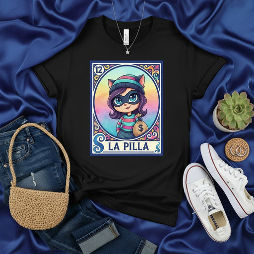 La Pilla Loteria Card T-Shirt Cute Cat Burglar Girl with Money Bag Design, Funny Mexican Game Art Tee, Short Sleeve Unisex Graphic Shirt, Colorful Kawaii Style T-shirt for Women and Men Mexicada
