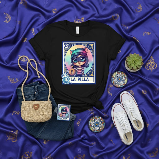 LA PILLA Loteria Card T-Shirt Cute Cat Character with Beanie Rainbow Background Mexican Bingo Game Art Graphic Tee for Women and Men Unisex Style Mexicada