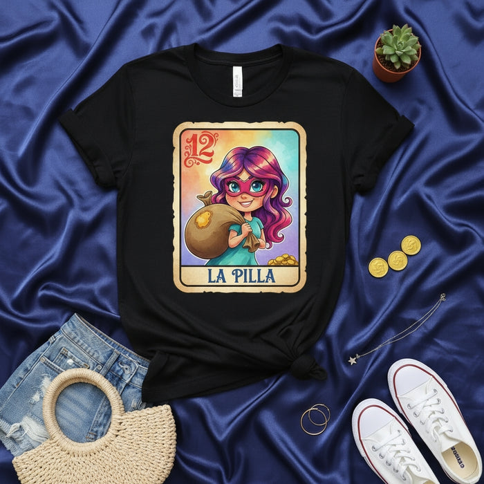 La Pilla Lotería Card T-Shirt: Number 12 The Trickster Girl with Money Bag and Gold Coins, Mexican Bingo Game Inspired, Cute Costume Style Graphic Print Tee, Unisex Short Sleeve Top Mexicada