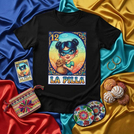 LA PILLA Mexican Loteria Card Graphic T-Shirt | Number 12 Girl with Cookies Tee | Unisex Latinx Culture Inspired Apparel Gift for Women Men & Kids Mexicada