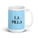 La Pilla The Rascal Funny Home Office Work Coffee Mug Mexican Spanish Pride Gift White Glossy Cup Sky Blue Card Mug Mexicada 15 oz