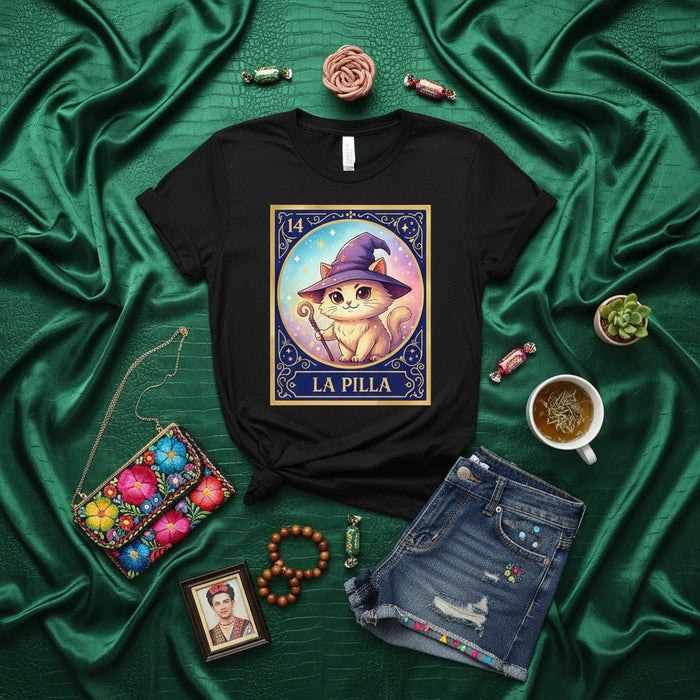 LA PILLA Witchy Cat Loteria Card T-Shirt, Cute Kitten in Wizard Hat Graphic Tee, Mexican Bingo Inspired Design, Mystical Magic Costume Shirt, Fun Halloween Gift Idea Mexicada