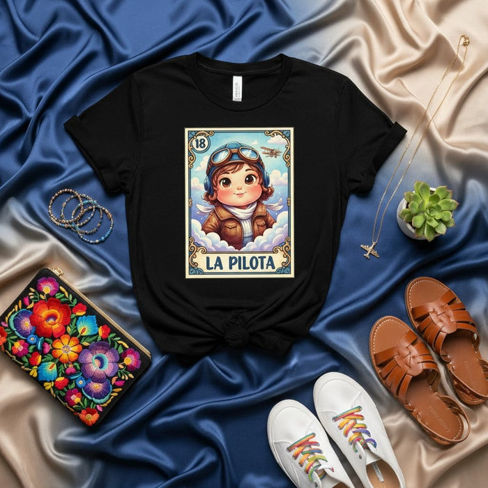 LA PILOTA Cute Aviator Kid Pilot Loteria Card T-Shirt Unisex Mexican Bingo Game Style Graphic Tee Shirt Mexicada