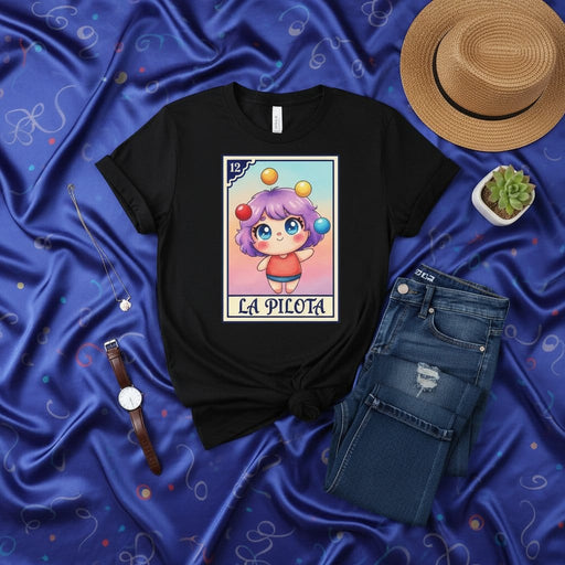 LA PILOTA Loteria Card Shirt, Cute Anime Girl Juggling Balls Cartoon Unisex T-Shirt, Mexican Bingo Game Inspired Graphic Tee, Number 12 Design Gift Mexicada