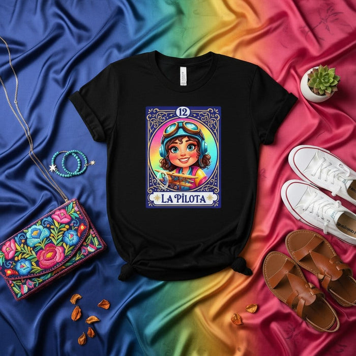 LA PILOTA Mexican Loteria Card Graphic T-Shirt | Pilot Woman Design Tee | Colorful Rainbow Gradient Background | Unisex Crewneck Shirt Gift Idea Mexicada