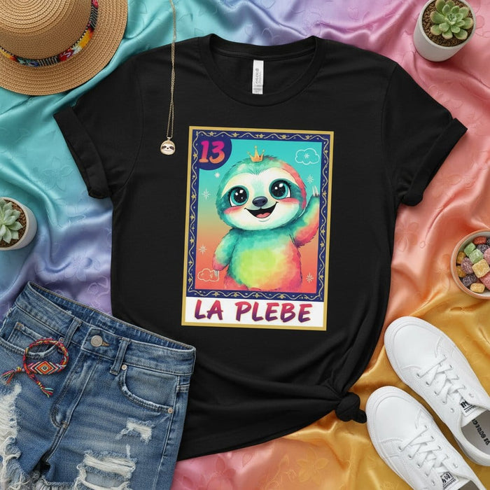 LA PLEBE Cute Rainbow Sloth Loteria Card T-Shirt Unisex Mexican Bingo Game Graphic Tee Number 13 Short Sleeve Crew Neck Top Mexicada