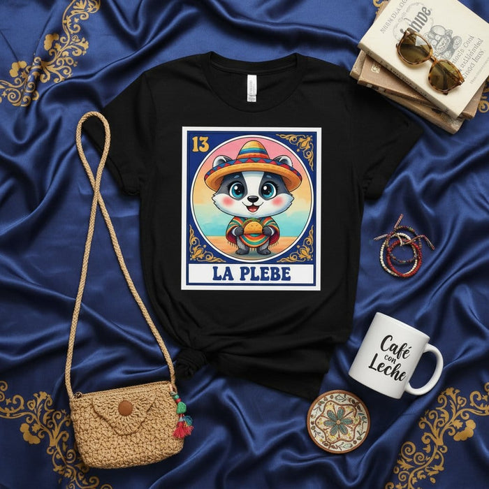 LA PLEBE Loteria Card Shirt, Cute Raccoon in Sombrero with Taco, Funny Mexican Bingo Game Day Tee, Number 13 Fiesta Gift for Him Her, Unisex Graphic T-Shirt Mexicada
