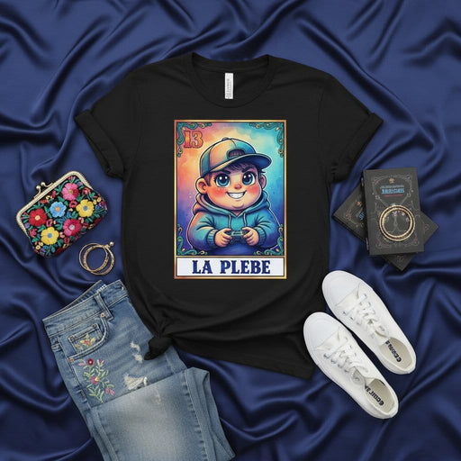 LA PLEBE Loteria Card T-Shirt, Cute Cartoon Boy with Controller, Number 13 Mexican Bingo Inspired Graphic Tee, Gamer Kid Unisex Apparel Mexicada